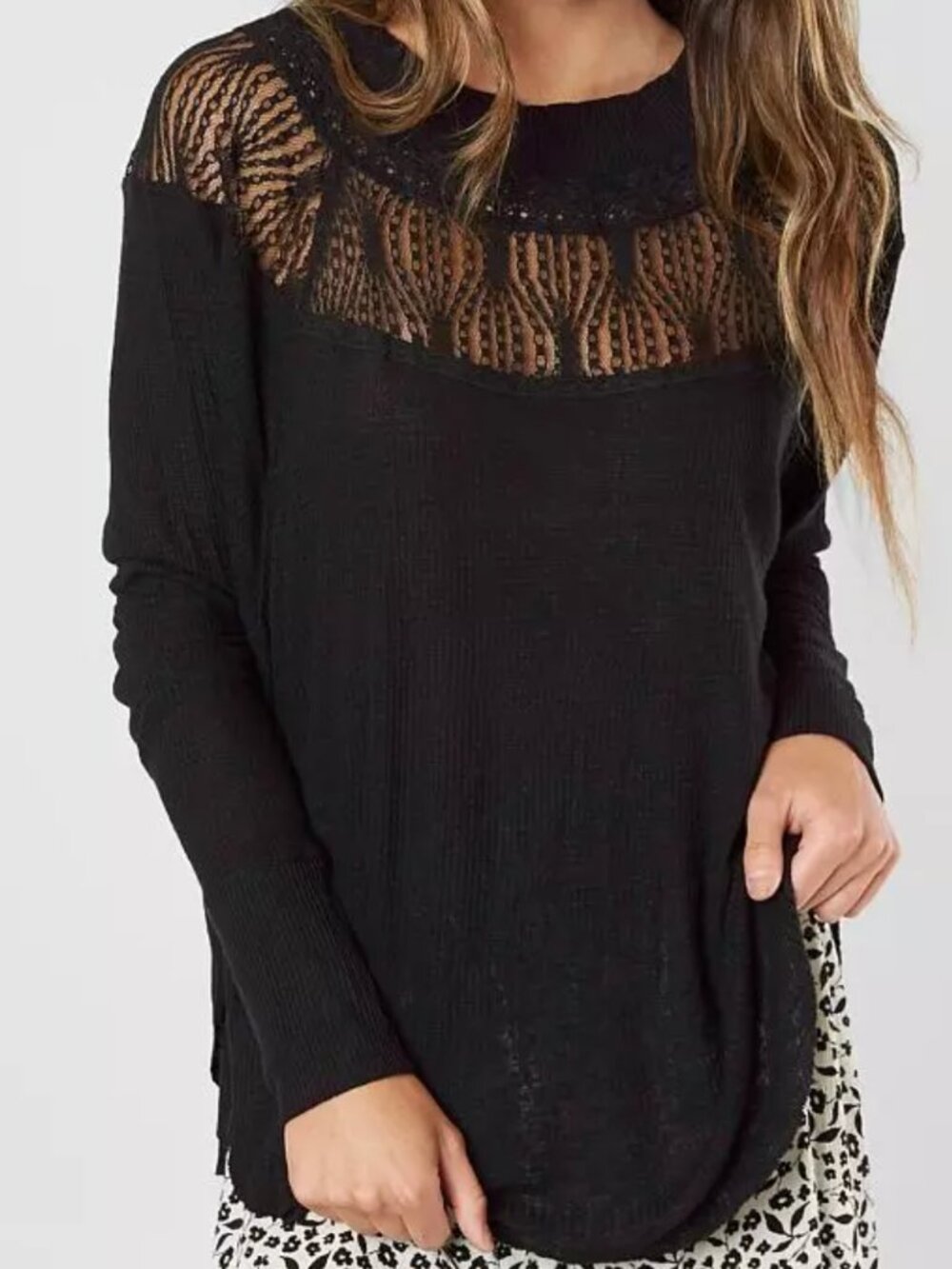 Free People Spring Valley Lace Trim Top – Black – Size XS